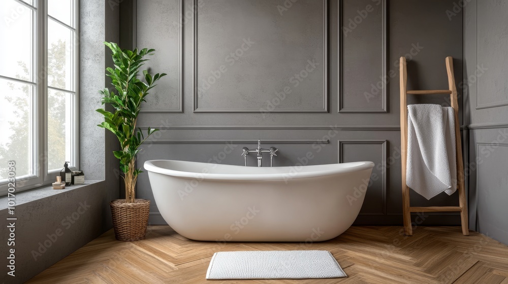 This stylish bathroom features a contemporary design with a round bathtub as the centerpiece, complemented by chic decor and warm wooden flooring, creating a luxurious and inviting ambiance This stylish bathroom features a contemporary design with a round bathtub as the centerpiece, complemented by chic decor and warm wooden flooring, creating a luxurious and inviting ambiance