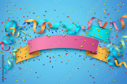 A banner with colorful ribbons and confetti on a blue background photo