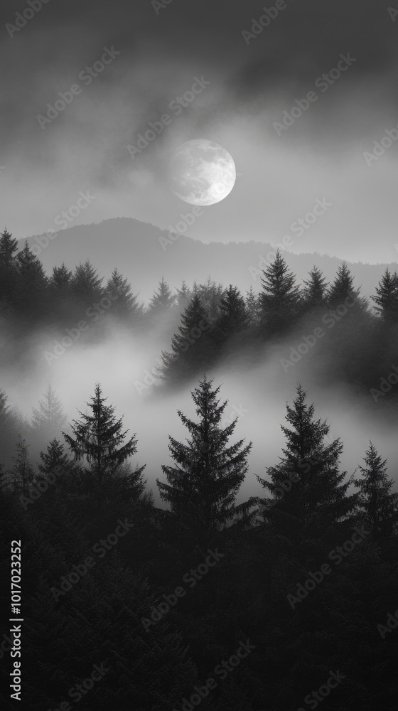 Misty mountains and a full moon over a serene forest in black and white minimalist style Misty mountains and a full moon over a serene forest in black and white minimalist style