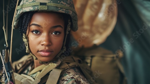 Close-up of a confident female soldier wearing a military helmet, showing strength and determination in a military setting.