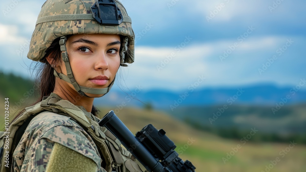 Fototapeta premium A female soldier in full combat gear with a rifle stands in a scenic outdoor landscape, showcasing strength and readiness.