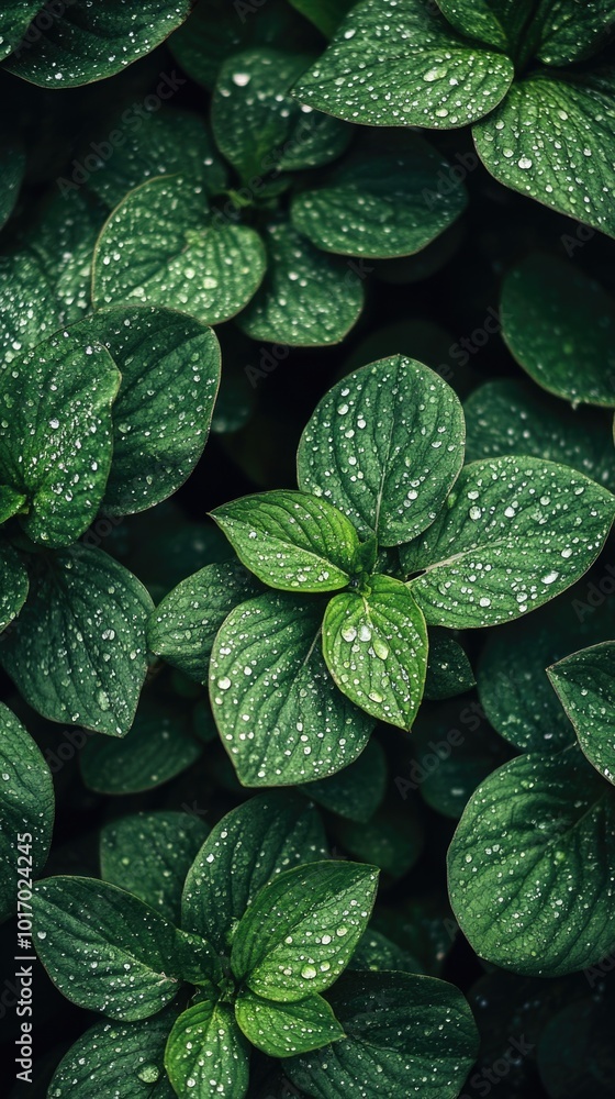 Fototapeta premium Close-up of dew-covered leaves with vibrant greens and soft sunlight in a natural setting