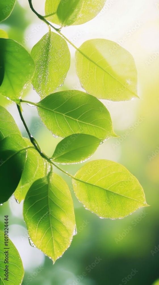 Vibrant dew-covered leaves basking in soft sunlight for a nature-inspired smartphone wallpaper Vibrant dew-covered leaves basking in soft sunlight for a nature-inspired smartphone wallpaper