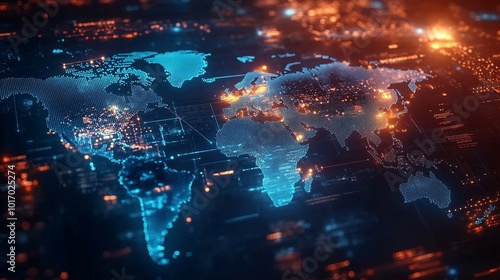 Digital World Map with Glowing Points and Lines