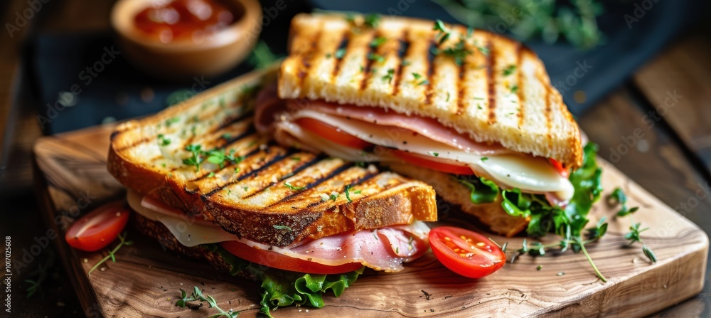 Delicious grilled sandwich with ham, cheese, tomato, and lettuce on a wooden board Delicious grilled sandwich with ham, cheese, tomato, and lettuce on a wooden board