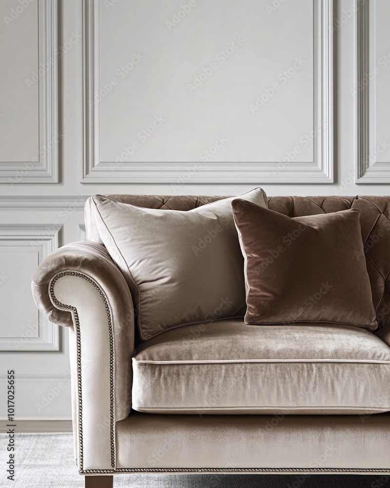 A close-up of a plush beige velvet sofa with two pillows. A close-up of a plush beige velvet sofa with two pillows.