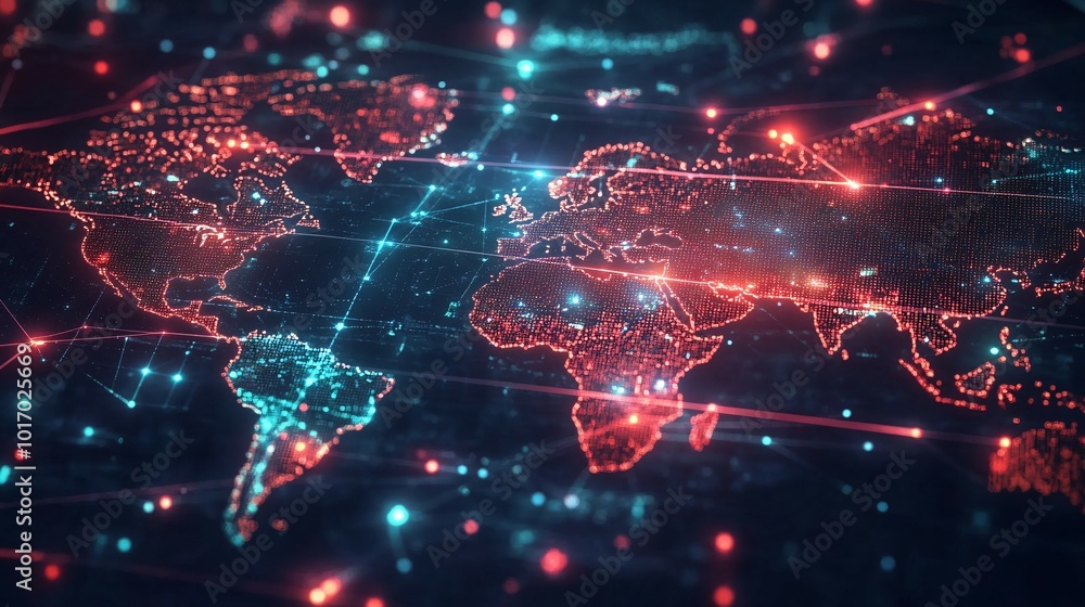 A Digital World Map with Glowing Red and Blue Lines and Dots A Digital World Map with Glowing Red and Blue Lines and Dots