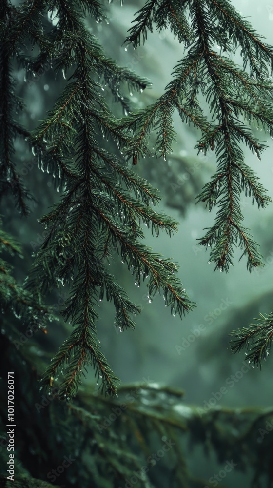 Spruce tree branches drip with water in a foggy forest under ethereal mist and diffused light Spruce tree branches drip with water in a foggy forest under ethereal mist and diffused light