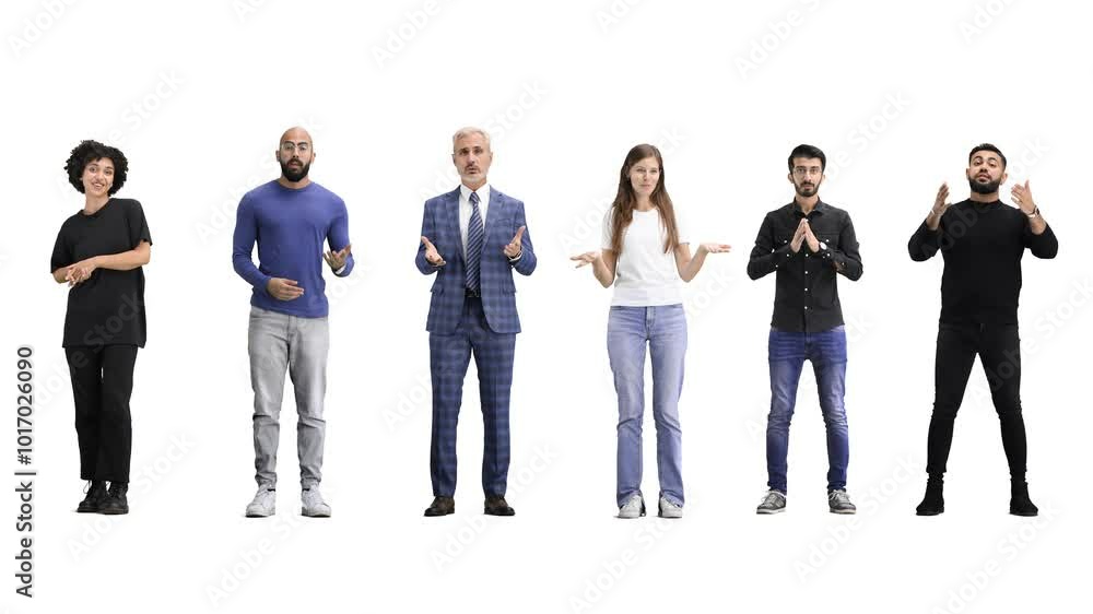 a group of people, in full height, on a white background, talking a group of people, in full height, on a white background, talking