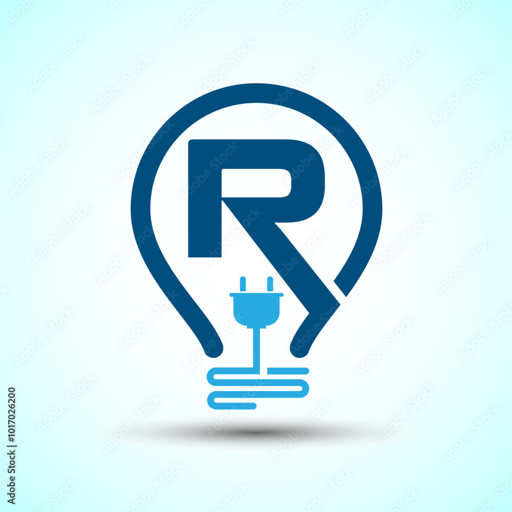Initial alphabet R with an electric bulb and plug. Electricity logo design template Initial alphabet R with an electric bulb and plug. Electricity logo design template