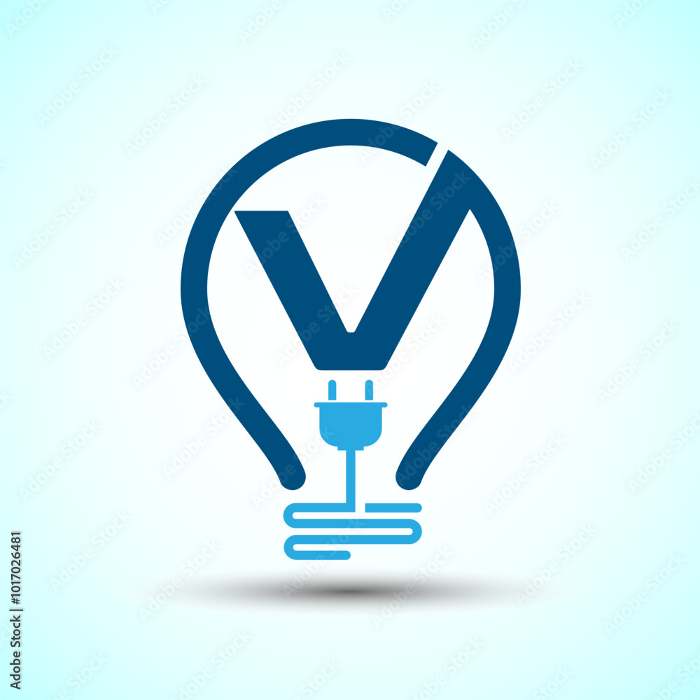 Initial alphabet V with an electric bulb and plug. Electricity logo design template Initial alphabet V with an electric bulb and plug. Electricity logo design template