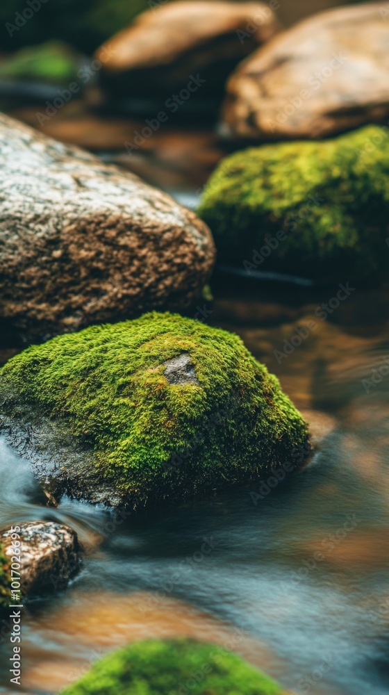 Close-up of moss-covered rocks alongside a stream reflecting nature's beauty in vivid detail Close-up of moss-covered rocks alongside a stream reflecting nature's beauty in vivid detail