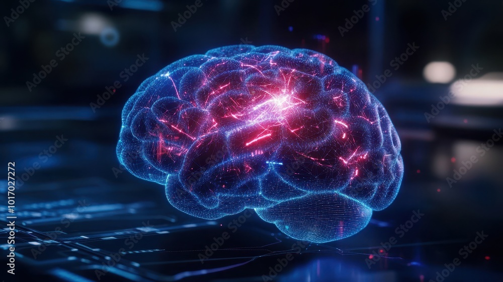 A brain is shown in a blue and red color A brain is shown in a blue and red color