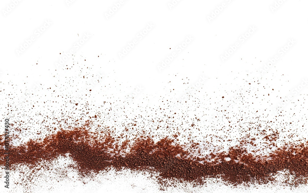 Brown coffee grounds spread over a white surface with scattered particles creating an artistic coffee-themed design Brown coffee grounds spread over a white surface with scattered particles creating an artistic coffee-themed design