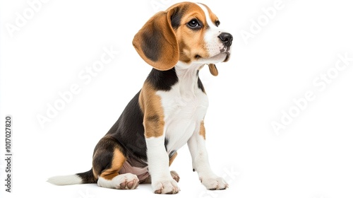 A beagle puppy sitting with its ears perked up, looking attentively at something off-screen, on a white background.