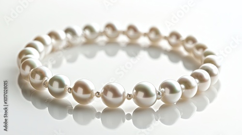 A classic pearl necklace arranged in a graceful curve, isolated on a white background, emphasizing its elegance.