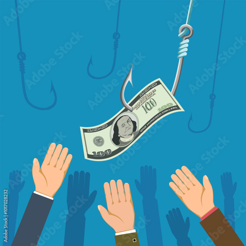 Paper currency dollar on a fishing hook. Stock vector illustration
