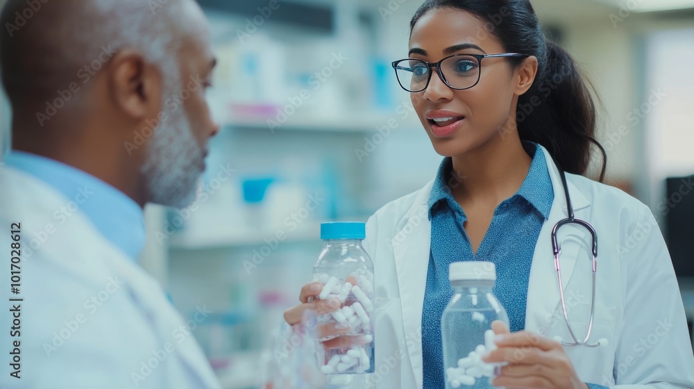 Doctor dispenses treatment at medical facility. Doctor dispenses treatment at medical facility.