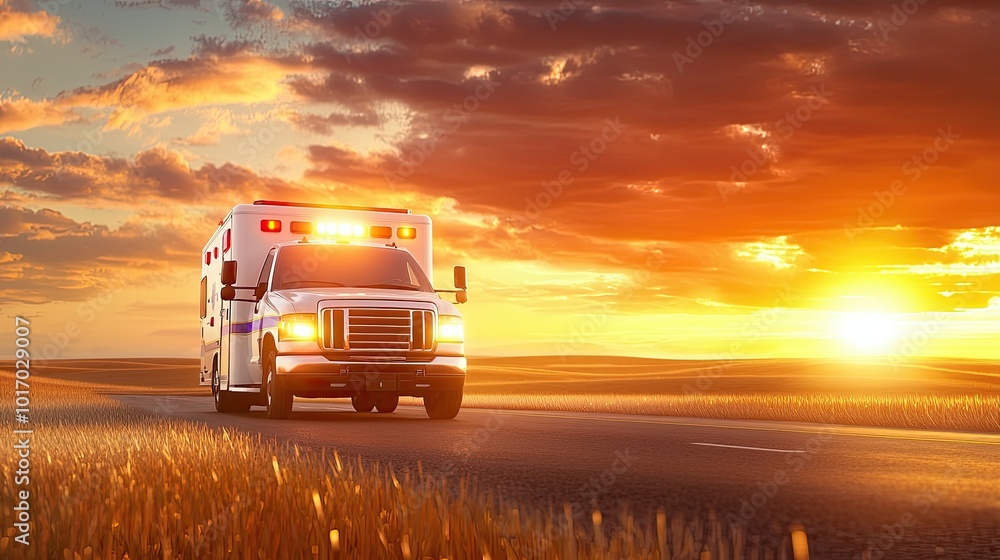 Ambulance driving through a rural road, racing to reach the nearest hospital, with lights flashing in a remote landscape. Ambulance driving through a rural road, racing to reach the nearest hospital, with lights flashing in a remote landscape.