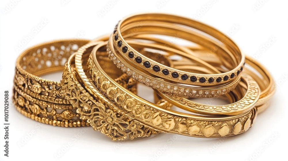 A collection of stacked gold bangles neatly arranged on a white background, highlighting the intricate patterns. A collection of stacked gold bangles neatly arranged on a white background, highlighting the intricate patterns.
