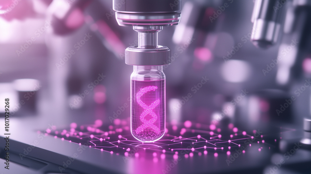 A futuristic lab setting where a glowing vial of personalized cancer medicine takes center stage, surrounded by automated machines and scientists monitoring genetic data on hologra A futuristic lab setting where a glowing vial of personalized cancer medicine takes center stage, surrounded by automated machines and scientists monitoring genetic data on hologra