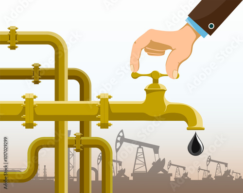 Man turns valve on oil pipeline. Against background of oil rigs and wells. Production and extraction of crude oil and fuel. Stock vector illustration