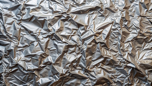 A close-up view reveals the shiny surface of crumpled aluminum foil with intricate textures and reflections, creating an artistic metallic backdrop under natural light
