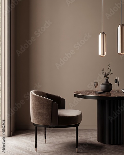 A modern, minimalist dining room with a round table, two chairs, and a vase of flowers.