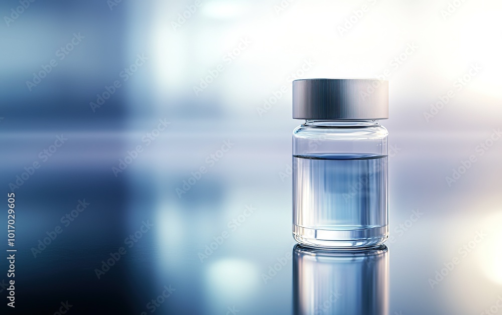 Clear glass vial containing liquid stands on a reflective surface with a soft blurred background in a medical setting Clear glass vial containing liquid stands on a reflective surface with a soft blurred background in a medical setting