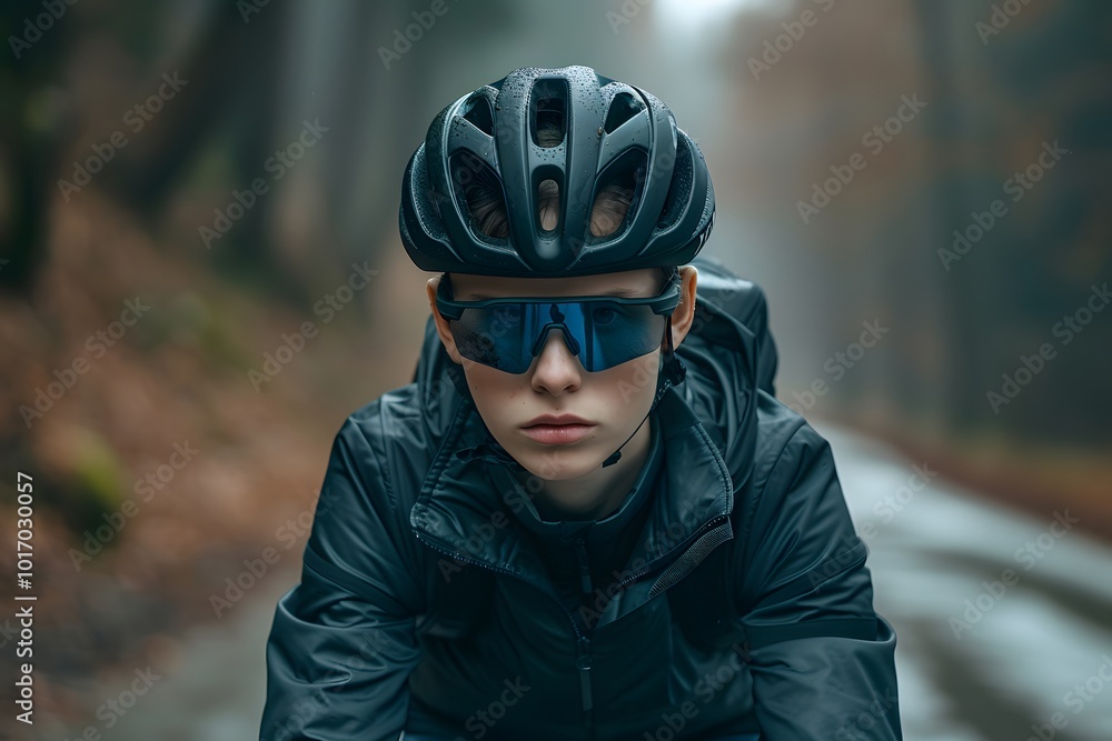 Focused Cyclist in a Misty Forest Setting Focused Cyclist in a Misty Forest Setting