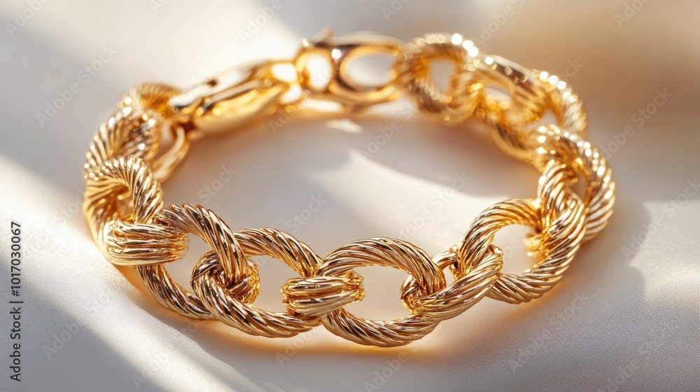 A detailed shot of a multi-layered gold chain bracelet, its links forming a sophisticated and bold design. A detailed shot of a multi-layered gold chain bracelet, its links forming a sophisticated and bold design.