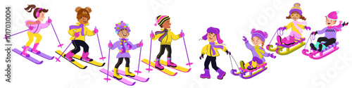 Set of diverse multiethnic boys and girls with ski and sled. Cute cartoon children in bright winter clothes. Set of happy kids ready for outdoor activity. Vector flat illustration.