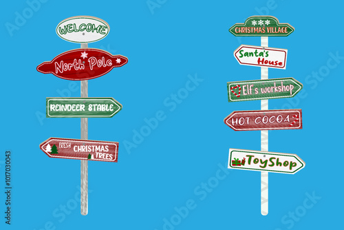North pole signs Christmas wooden direction arrows boards with snow caps vector illustration isolated Christmas icon north pole sign with snow and ice Winter holiday Xmas symbol
