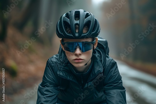 Focused Cyclist in a Misty Forest Setting