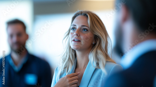 Wallpaper Mural A woman in a light-blue blazer leads a heartfelt conversation during a corporate event, speaking with her hands on her chest, while her male colleagues respond with smiles. The roo Torontodigital.ca