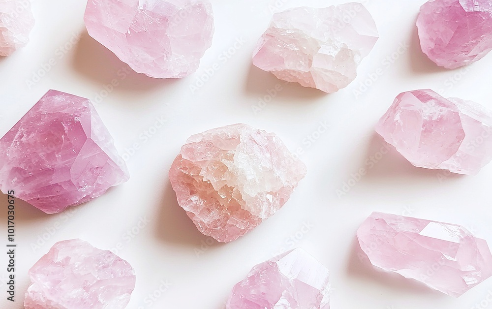 A collection of raw pink quartz crystals arranged on a white surface highlighting their natural beauty and unique shapes A collection of raw pink quartz crystals arranged on a white surface highlighting their natural beauty and unique shapes