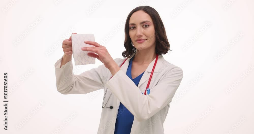 Woman doctor in lab coat unrolls toilet paper on white background. Brunette medical specialist reminds about personal hygiene importance Woman doctor in lab coat unrolls toilet paper on white background. Brunette medical specialist reminds about personal hygiene importance
