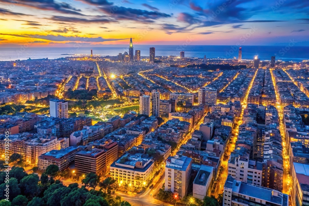 Obraz premium Barcelona skyline captured during blue hour from aerial view