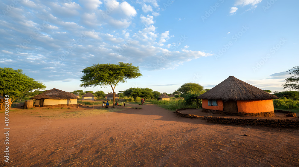 African Village with Beautiful Sky | Scenic Landscape and Traditional Rural Architecture Under Vibrant Skies African Village with Beautiful Sky | Scenic Landscape and Traditional Rural Architecture Under Vibrant Skies
