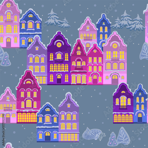 Christmas seamless pattern with winter houses and trees. Snowy town. Festive decorations. Winter holidays, New Year backdrop. Endless Hand-drawn vector flat illustration.