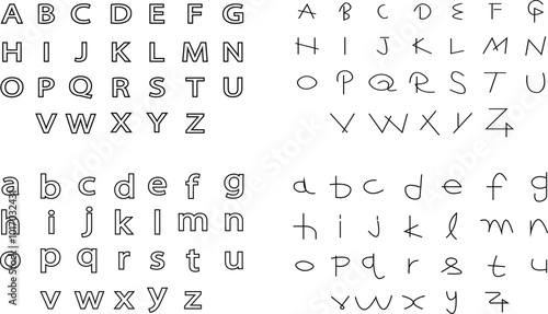 Alphabet cubes line and flat icon set, abc and toy, block sign, vector graphics, a linear pattern isolated on transparent background. Hand drawn doodle style collection. capital and small letters.