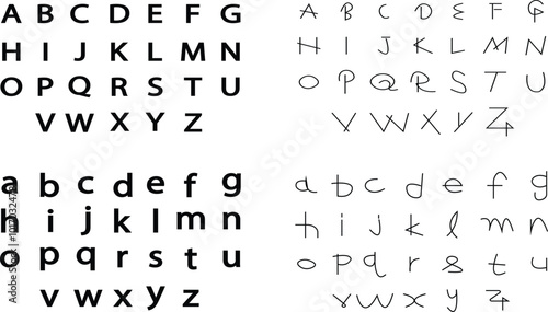 Alphabet cubes line and flat icon set, abc and toy, block sign, vector graphics, a linear pattern isolated on transparent background. Hand drawn doodle style collection. capital and small letters.