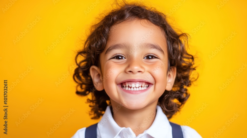 Portrait of a cheerful young boy smiling brightly, dressed in a black sweater and white shirt, with a vibrant yellow background. Portrait of a cheerful young boy smiling brightly, dressed in a black sweater and white shirt, with a vibrant yellow background.