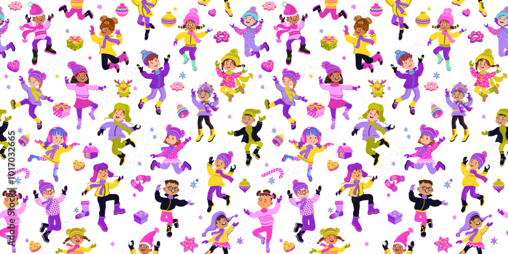 Christmas seamless pattern with jumping happy kids in bright winter clothes. Children isolated on white. Winter backdrop. Endless Hand-drawn vector flat illustration. Christmas seamless pattern with jumping happy kids in bright winter clothes. Children isolated on white. Winter backdrop. Endless Hand-drawn vector flat illustration.