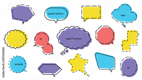 A large set of colorful Speech bubble in retro comics style of round and geometric, abstract shapes