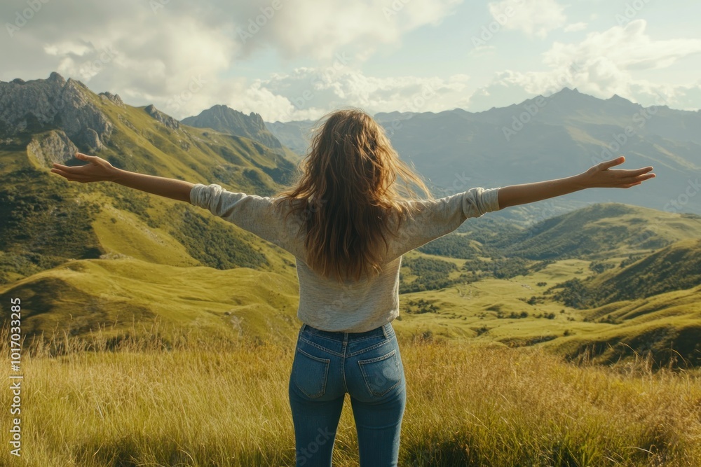 Woman Embracing Nature with Open Arms Woman Embracing Nature with Open Arms