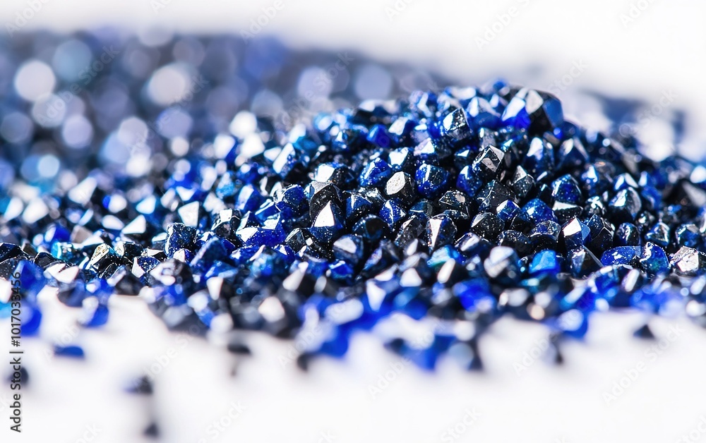 Close-up of sparkling blue gemstones scattered on a white surface creating a striking visual display of color and texture Close-up of sparkling blue gemstones scattered on a white surface creating a striking visual display of color and texture