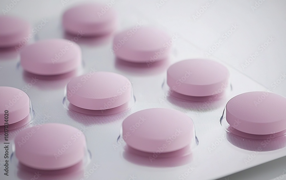 Close-up of pastel pink tablets arranged in a blister pack on a neutral background, conveying a sense of health and wellness Close-up of pastel pink tablets arranged in a blister pack on a neutral background, conveying a sense of health and wellness