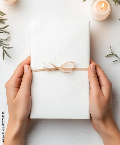 Woman holding blank white Book with candle and holiday decorations, cozy Christmas present concept, elegant minimalist gift packaging design photo