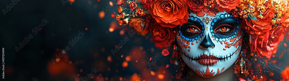 A captivating representation of a female figure adorned with sugar skull makeup, ideal for promotional materials and decorations for Day of the Dead celebrations. A captivating representation of a female figure adorned with sugar skull makeup, ideal for promotional materials and decorations for Day of the Dead celebrations.